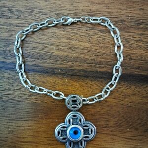 Silver Chain Bracelet with Blue Eye Pendant